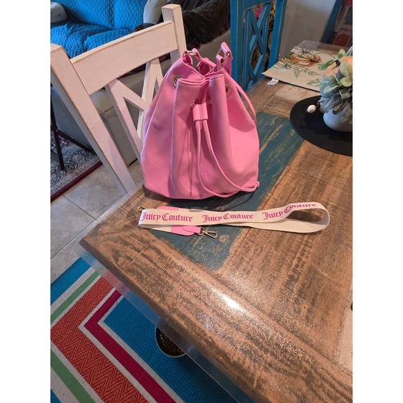 Juicy Couture Handbags - Juicy Couture Pink Faux Leather Drawstring Bucket Bag Crossbody Strap